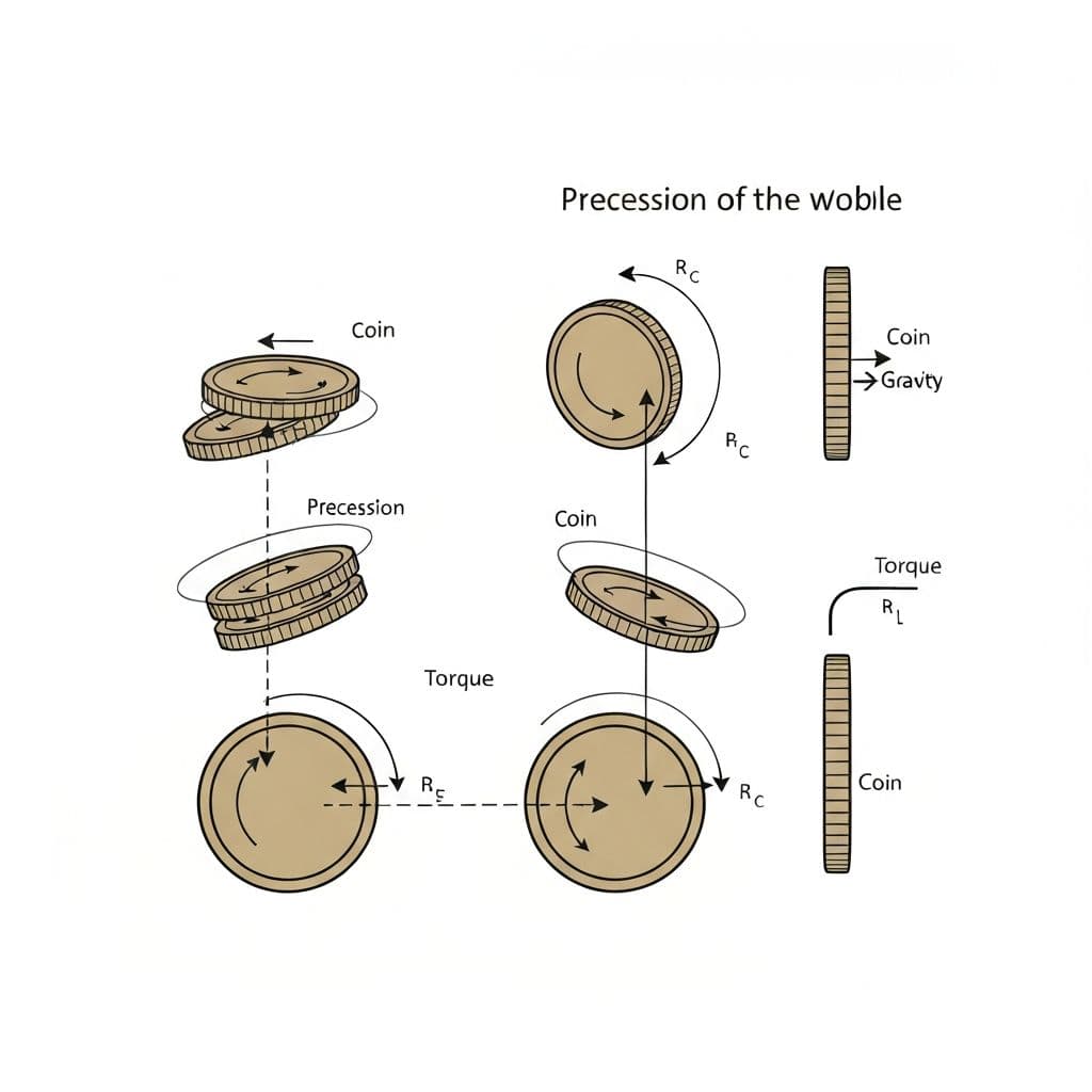 Diagram showing coin precession and wobble during flight
