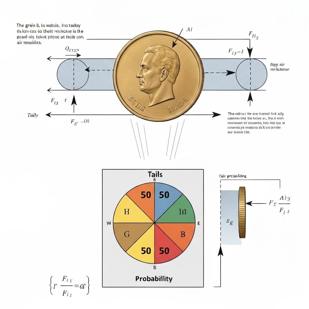 Scientific diagram showing coin flip physics and probability